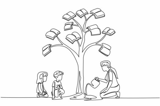 Continuous one line drawing female teacher watering a tree whose leaves are in the form of books. Cultivate a hobby of reading. National Day of Teacher. Single line draw design illustration vector