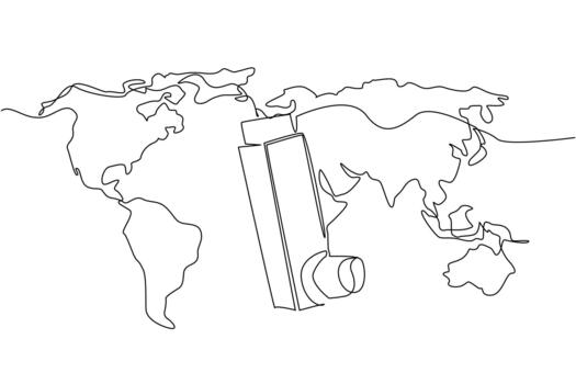 Single one line drawing asthma inhaler with a world map on the back. Assistive technology for asthma sufferers that has gone global. World Asthma Day. Continuous line design graphic illustration vector