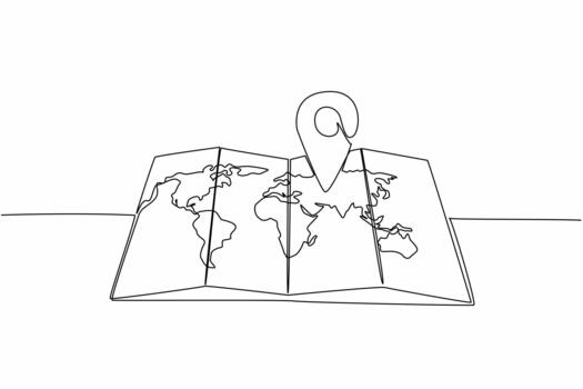 Single one line drawing pin location on paper map with world map. Search for destination points with a map. Convenience for travelers. National Tourism Day. Continuous line design graphic illustration vector