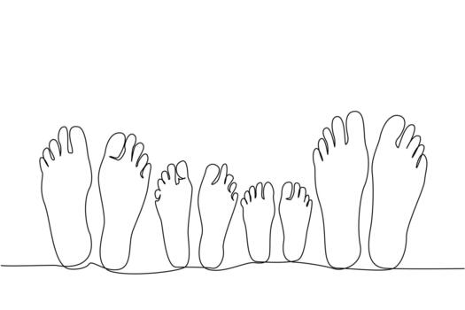 Single one line drawing 4 pairs of feet are lying down relaxing. A warm and harmonious family. Always make time to chat with each other. No Socks Day. Continuous line design graphic illustration vector