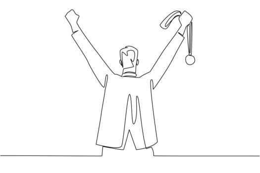 Continuous one line drawing a man in a suit raises both hands and holds a medal. Recognition of work results. Successful business. Reward Yourself Day. Single line draw design illustration vector