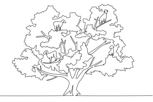 continuo uno línea dibujo un Argania árbol con varios cabras alpinismo en él. favorito temporada para alpinismo argán arboles internacional día de argania. soltero línea dibujar diseño ilustración vector