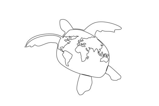 Continuous one line drawing swimming turtle and globe symbol on shell. The ocean is their home and habitat. Love the environment. Reptile. Mother Ocean Day. Single line draw design illustration vector