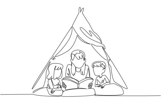 Single continuous line drawing a babysitter lying down reading a book under a tent with a boy and a girl. Get used to the hobby of reading. National Babysitter Day. One line design illustration vector