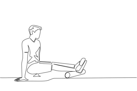 Single one line drawing a man exercising using a foam roller. Handling of minor injuries. Highly competent medical team. Gym. National Foam Rolling Day. Continuous line design graphic illustration vector