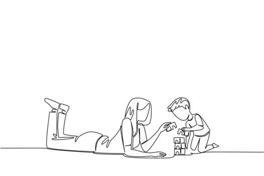 Single one line drawing a babysitter is lying on the floor accompanying a boy playing with building blocks. The creative nanny. National Babysitter Day. Continuous line design graphic illustration vector