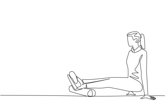 Single continuous line drawing a woman exercising using a foam roller. Sprain. Minor ankle injury. Recovery. Restore joint strength. National Foam Rolling Day. One line design illustration vector