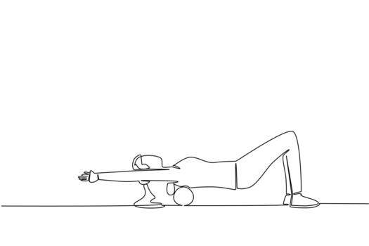 Single one line drawing a woman exercising using a foam roller. Stretches to relieve back pain. Still exercising alone. Health. National Foam Rolling Day. Continuous line design graphic illustration vector