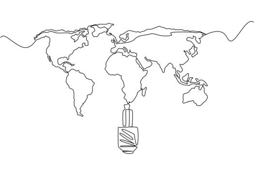 Single one line drawing the bottom of the bulb with the world map on top. Simple technology that can light up the world. Bright. National Technology Day. Continuous line design graphic illustration vector