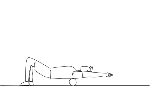 Single continuous line drawing a man exercising using a foam roller. Relaxation. Stretch out stiff muscles a bit. Minor injury recovery. National Foam Rolling Day. One line design illustration vector