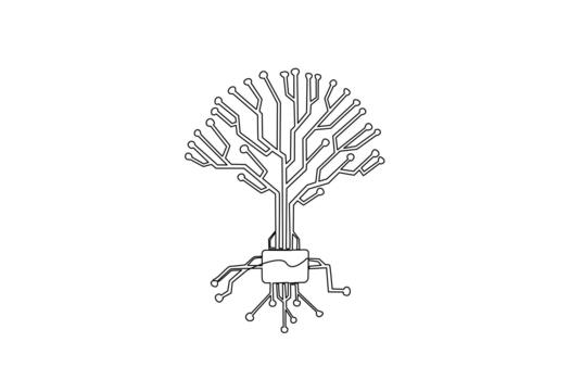 Single continuous line drawing tree shaped circuit board. Expanding trees using technology. Making wise use of technological advancements. National Technology Day. One line design illustration vector