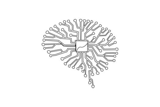 Single continuous line drawing brain shaped circuit board. Artificial intelligence technology. Brains controlled by software. Capable. National Technology Day. One line design illustration vector