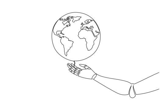 Continuous one line drawing robot hand with globe on top. Artificial intelligence robots will fill the earth. Dilemma problem. National Technology Day. Single line draw design illustration vector