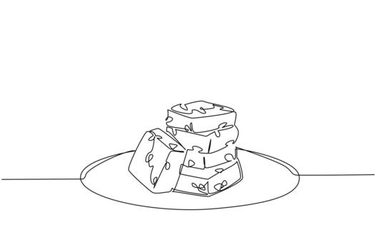 Continuous one line drawing stacks of nutty fudge and one leans back. Dish that will make it easy for consumer. Natural sweetness. National Nutty Fudge Day. Single line draw design illustration vector