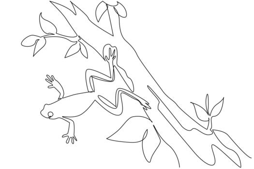 Single one line drawing frog jumping from tree trunk. Looking for edible insects. Hunting during the day looking for food source. National Frog Jumping Day. Continuous line design graphic illustration vector