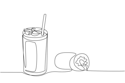 Continuous one line drawing glass of kiwi juice with straw and leaf on top of glass. Fresh drinks that protect the immune system. National Juice Slush Day. Single line draw design illustration vector