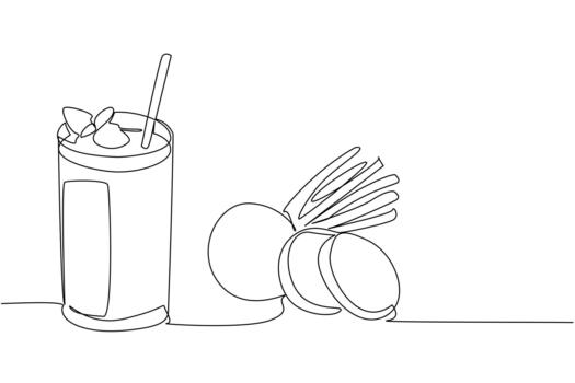 Single continuous line drawing glass of beetroot juice with straw and leaf on top of the glass. A refreshing drink can prevent dementia. National Juice Slush Day. One line design illustration vector