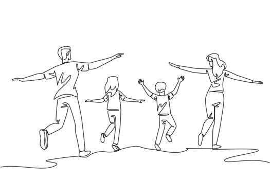 Single one line drawing back view, happy family running and stretching both hands. Running around the park with joy. Holiday. International Family Day. Continuous line design graphic illustration vector