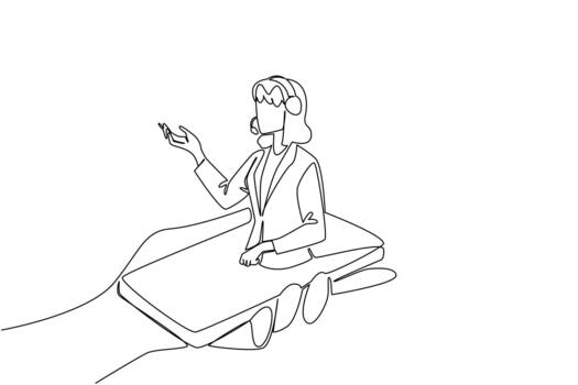 Continuous one line drawing hand hold smartphone with female customer support coming out of screen. Mobile application. International Customer Support Day. Single line draw design illustration vector