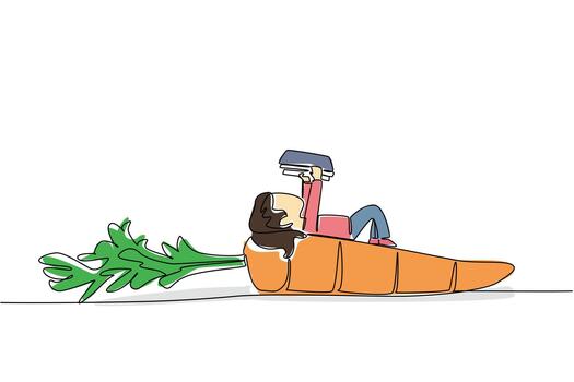 Single one line drawing young girl reading on carrot with leaves. Bad example of reading while sleeping. Nerd. Girl Reading Book at Vegetables and Fruits. Continuous line design illustration vector