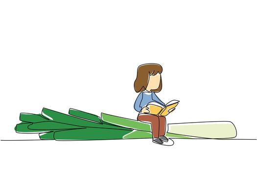 continuo uno línea dibujo niña leyendo en Puerro. leer el receta en el mejor Procesando para primavera cebollas. niña leyendo libro a vegetales y frutas soltero línea dibujar ilustración vector