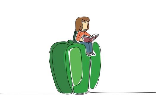 continuo uno línea dibujo niña leyendo en pimientos. revisando lecciones para práctico examen en creciente pimientos. niña leyendo libro a vegetales y frutas soltero línea dibujar diseño vector