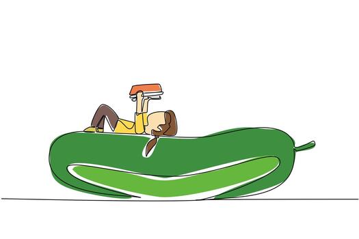 Single continuous line drawing girl reading on cucumber. Read the legend of the cucumber and the mouse deer. The nerd. Girl Reading Book at Vegetables and Fruits. One line design vector