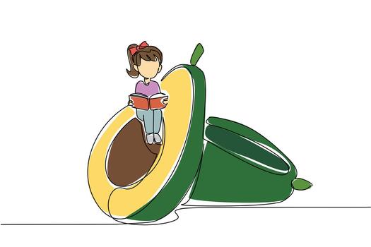 Continuous one line drawing girl reading on a cored avocado. Read carefully before processing avocados. Juice. Girl Reading Book at Vegetables and Fruits. Single line draw design vector