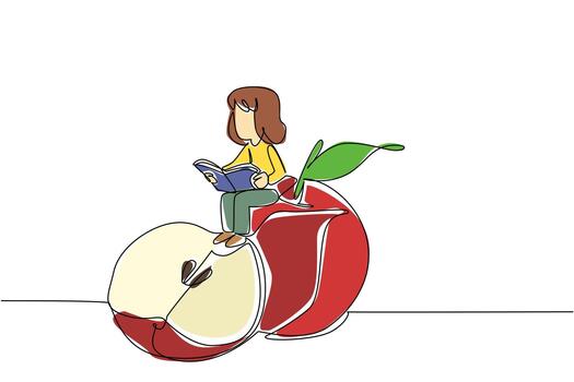 Single continuous line drawing young girl reading on apple. Reading while snacking on apples. Smart and healthy. Nerd. Girl Reading Book at Vegetables and Fruits. One line illustration vector