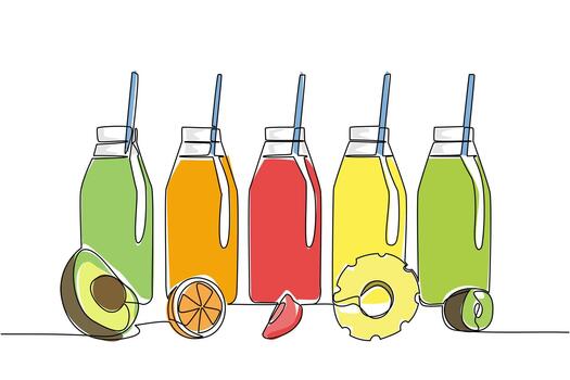 Single one line drawing 5 glass bottles with straws in each bottle. Refreshing drinks with various flavors. Perfect for summer. National Beverage Day. Continuous line design illustration vector