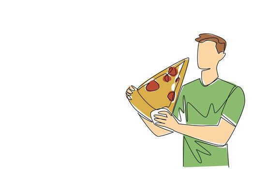 Continuous one line drawing a man eats a large slice of pizza. Without thinking about health. Always eat in large portions. Greedy. National No Diet Day. Single line draw design vector