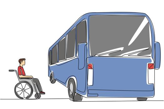 Continuous one line drawing man sits in a wheelchair next to the bus and looks at the bus. Buses are not disabled friendly. National Barrier Awareness Day. Single line draw design vector