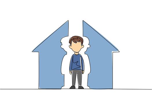 soltero continuo línea dibujo un chico mirando abajo y un casa conformado rompecabezas. simbolismo de incompleto afecto cuando en el casa. triste. nacional fomentar cuidado día. uno línea diseño vector