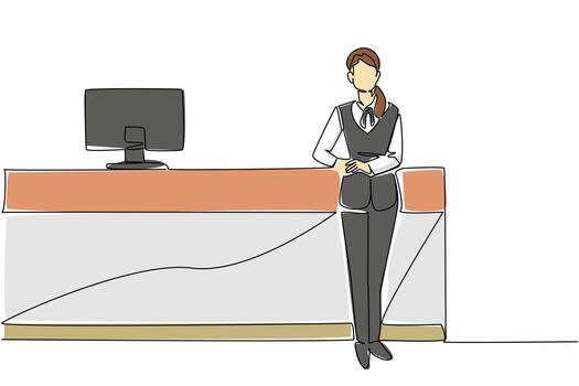 Single continuous line drawing a female receptionist crossed her arms and leaned against a long table. Relaxing after many guests visit. Staff. Receptionist Day. One line design vector