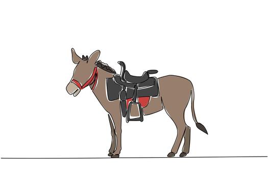 Single continuous line drawing donkey complete with saddle. Will be driven to monitor rice fields and agricultural areas. Very comfortable seat. World Donkey Day. One line illustration vector