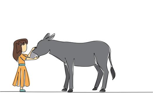 Continuous one line drawing the girl stands in front of the donkey and strokes its head. Learn independence by caring for animals. Care. World Donkey Day. Single line draw illustration vector