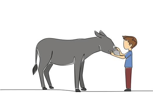 Single one line drawing the boy stands in front of the donkey and strokes its head. Playing at the zoo. Learning to love fellow creatures. World Donkey Day. Continuous line design illustration vector