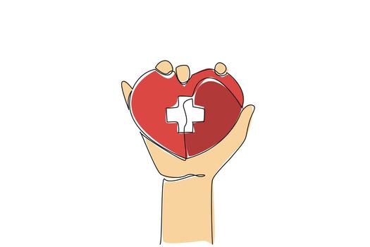 Single continuous line drawing hand is holding a heart with a plus sign in the middle. A strong determination to live a useful life for others. World Red Cross Day. One line illustration vector