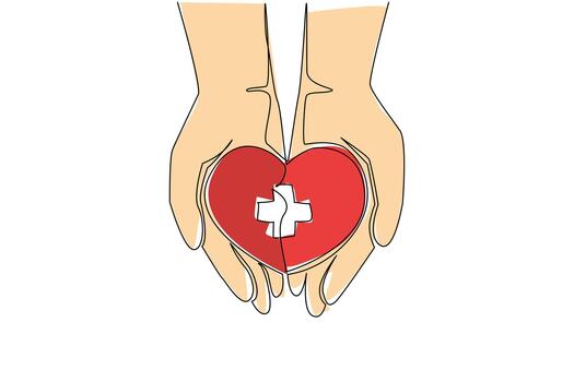 Single one line drawing open palm and there is a heart with a plus sign in the middle. Symbol of caring for others. Charity. Donate. World Red Cross Day. Continuous line design illustration vector