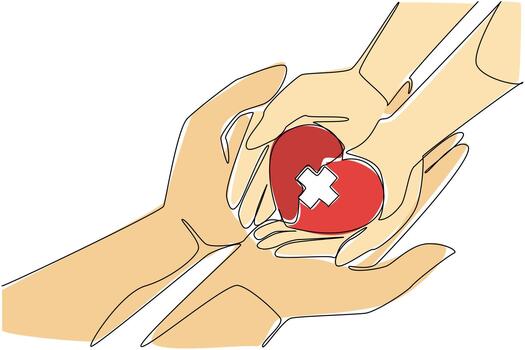 Continuous one line drawing palm and heart with a plus sign in the middle. Taught social sensitivity from an early age. Helping others. World Red Cross Day. Single line draw illustration vector