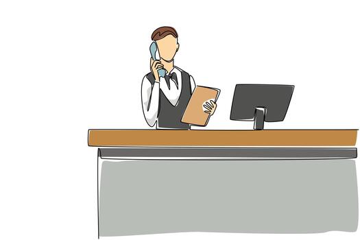 Continuous one line drawing a female receptionist stands holding a telephone receiver and a clipboard. Explaining over the phone. Info. Receptionist Day. Single line draw illustration vector