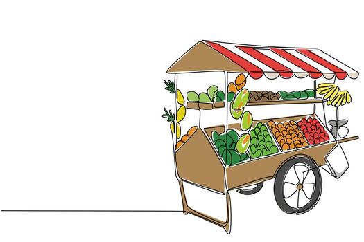 Continuous one line drawing a cart with wheels, filled with various kinds of fruits. A mobile fruit stall. Fruit trader. Kiosk. National Small Business Day. Single line draw illustration vector