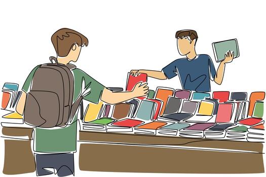 Continuous one line drawing a man buys a book at a book stall. The most complete place to find old books. Many collections. National Small Business Day. Single line draw illustration vector