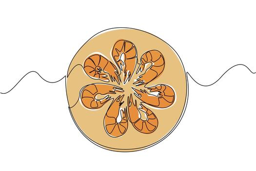 continuo uno línea dibujo varios camarones arreglado en un circulo en un circular de madera corte tablero. el presentación es apetitoso. nacional camarón día. soltero línea dibujar ilustración vector
