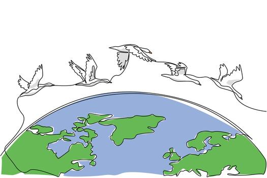 Continuous one line drawing goose mass flight across half the size of the globe. Go in groups to avoid the winter. Adaptation. World Migratory Bird Day. Single line draw illustration vector