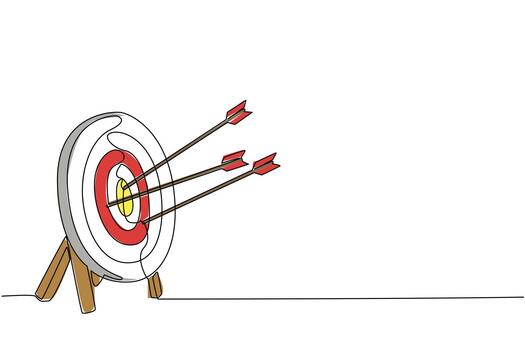 Single continuous line drawing 3 arrows hit the target pad. Achievements that are not yet optimal. Lack of practice. Lack of focus. Lack of accuracy. Archery Day. One line illustration vector