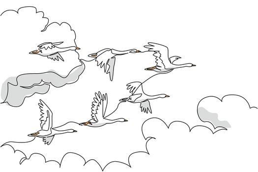 Single continuous line drawing swans fly in mass formation. Fly in groups as high as the clouds to move hundreds of miles. Migration. World Migratory Bird Day. One line design vector