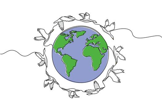 Single one line drawing goose flies mass around globe full. Go in groups to avoid predatory birds. Avoiding summer in the south. World Migratory Bird Day. Continuous line design illustration vector