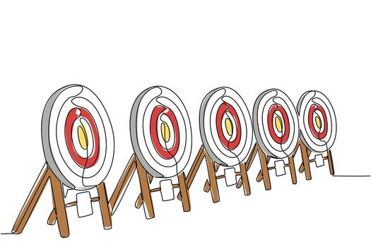 Single one line drawing 5 dart target boards lined up. Archery target pads are prepared for the competition. Looking for talent. Tournament. Archery Day. Continuous line design illustration vector