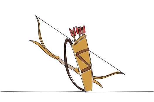 Continuous one line drawing the bow and arrows are in the quiver. Classic weapons that remain in use into the future. Train the focus. Game. Archery Day. Single line draw illustration vector